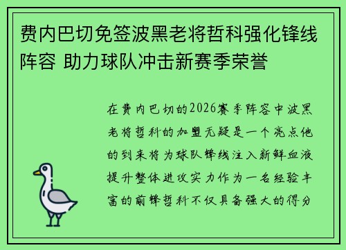 费内巴切免签波黑老将哲科强化锋线阵容 助力球队冲击新赛季荣誉 费内巴切免签波黑老将哲科强化锋线阵容 助力球队冲击新赛季荣誉