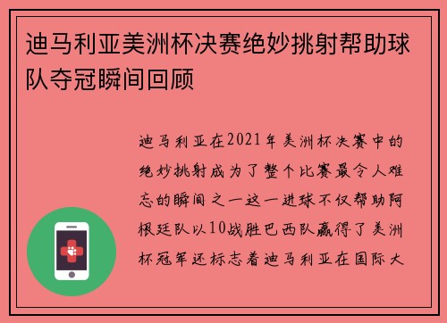 迪马利亚美洲杯决赛绝妙挑射帮助球队夺冠瞬间回顾