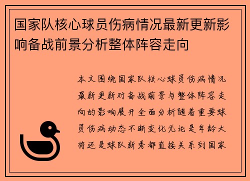 国家队核心球员伤病情况最新更新影响备战前景分析整体阵容走向