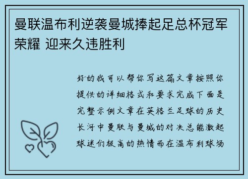 曼联温布利逆袭曼城捧起足总杯冠军荣耀 迎来久违胜利
